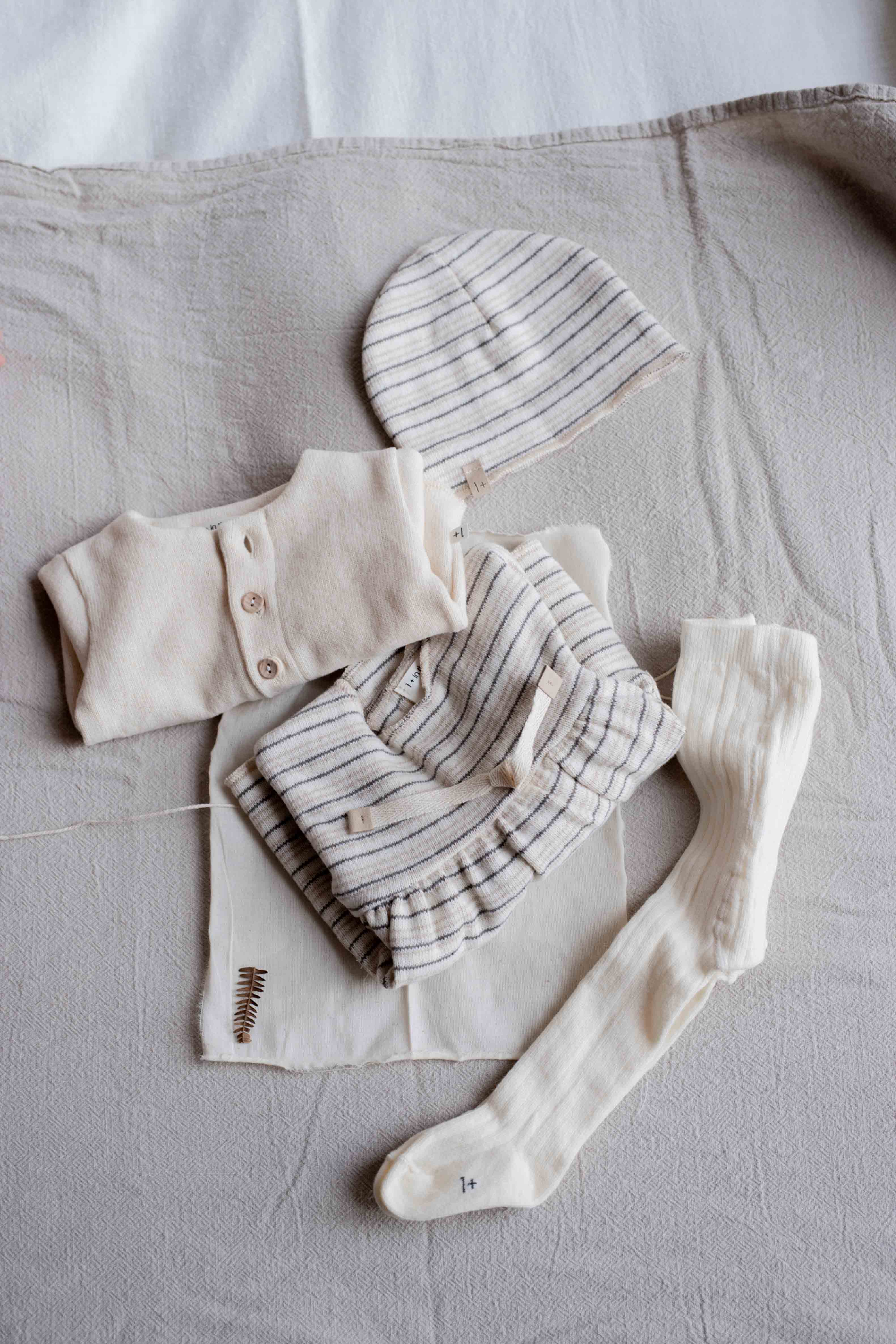 1+ In The Family Perrin Baby Beanie with Striped design in Ecru color. Made in Spain