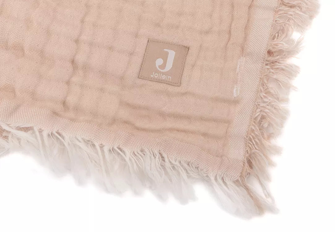 Jollein Muslin Blanket with Fringe 75x100cm Moonstone/Ivory detail logo shot