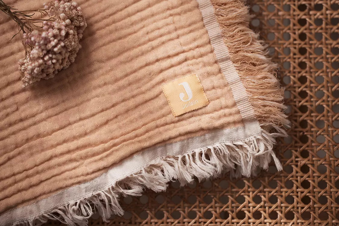 Jollein Muslin Blanket with Fringe 75x100cm Moonstone/Ivory detail