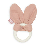 Jollein silicone teether with bunny ears in rosewood color