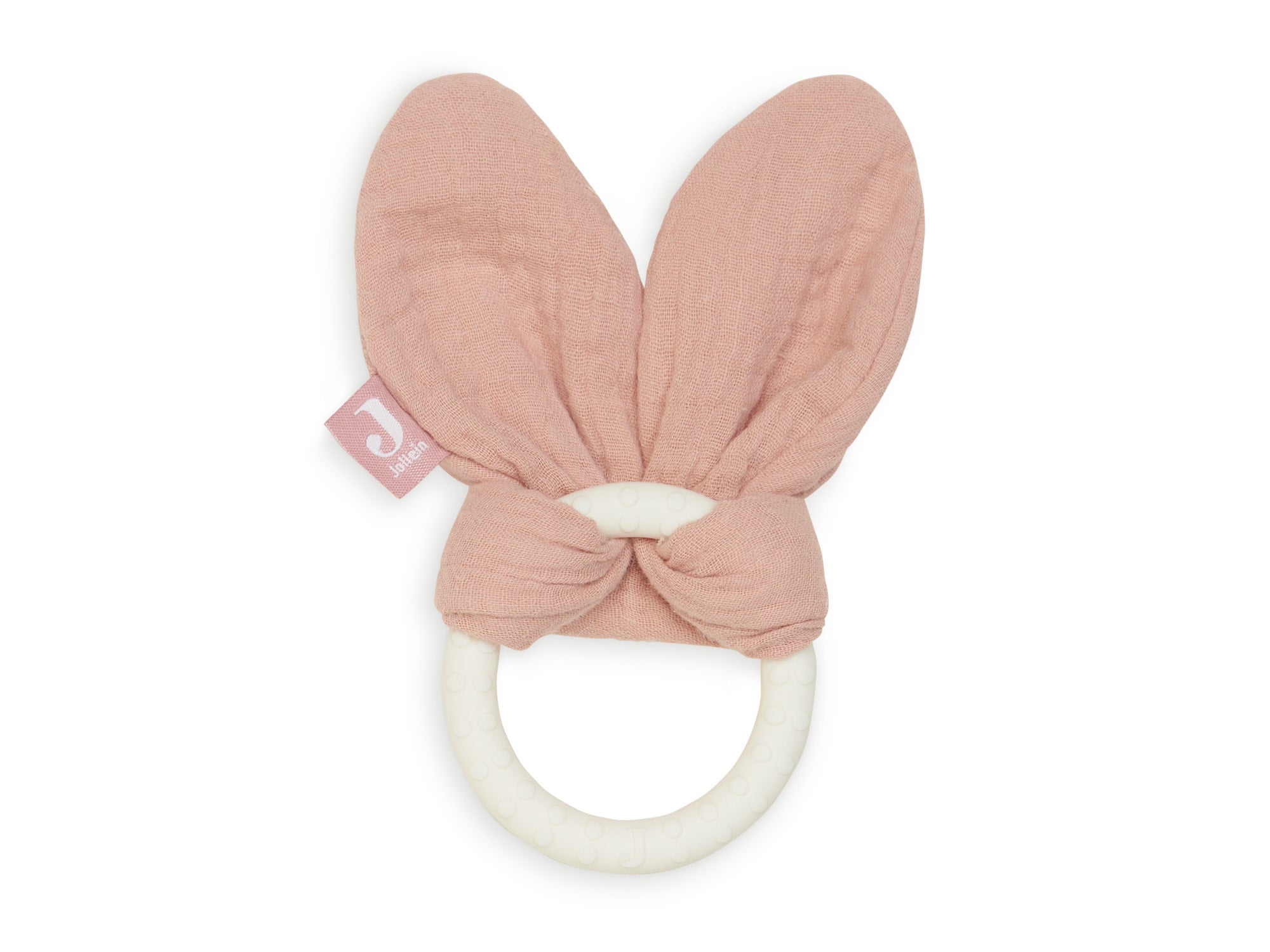 Jollein silicone teether with bunny ears in rosewood color