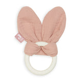 Jollein silicone teether with bunny ears in rosewood color