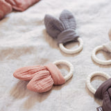 Jollein silicone teether with bunny ears in rosewood color