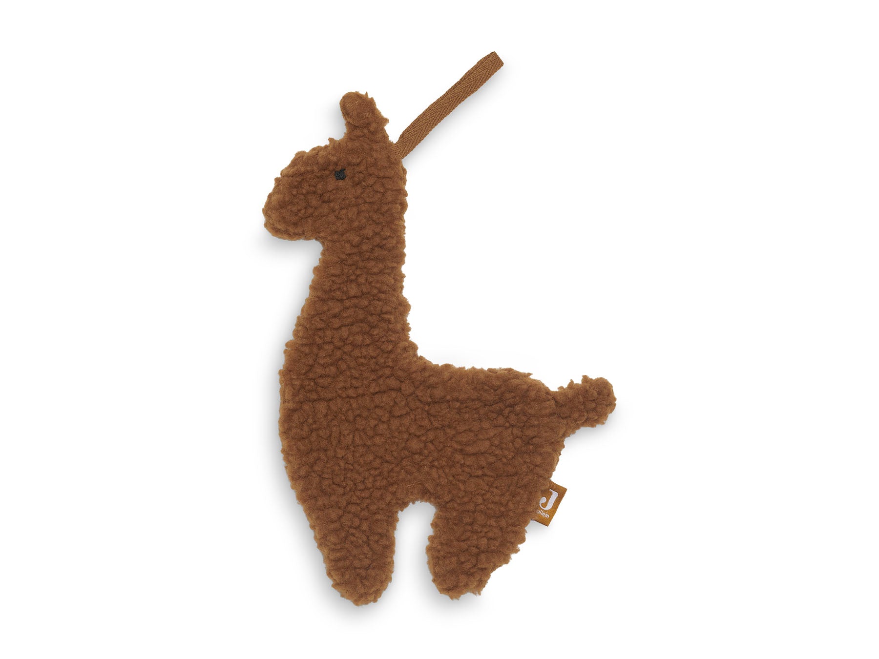 llama-shaped pacifier cloth made of soft teddy fabric with a loop for attaching to a pacifier