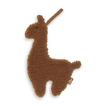 llama-shaped pacifier cloth made of soft teddy fabric with a loop for attaching to a pacifier