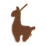 llama-shaped pacifier cloth made of soft teddy fabric with a loop for attaching to a pacifier