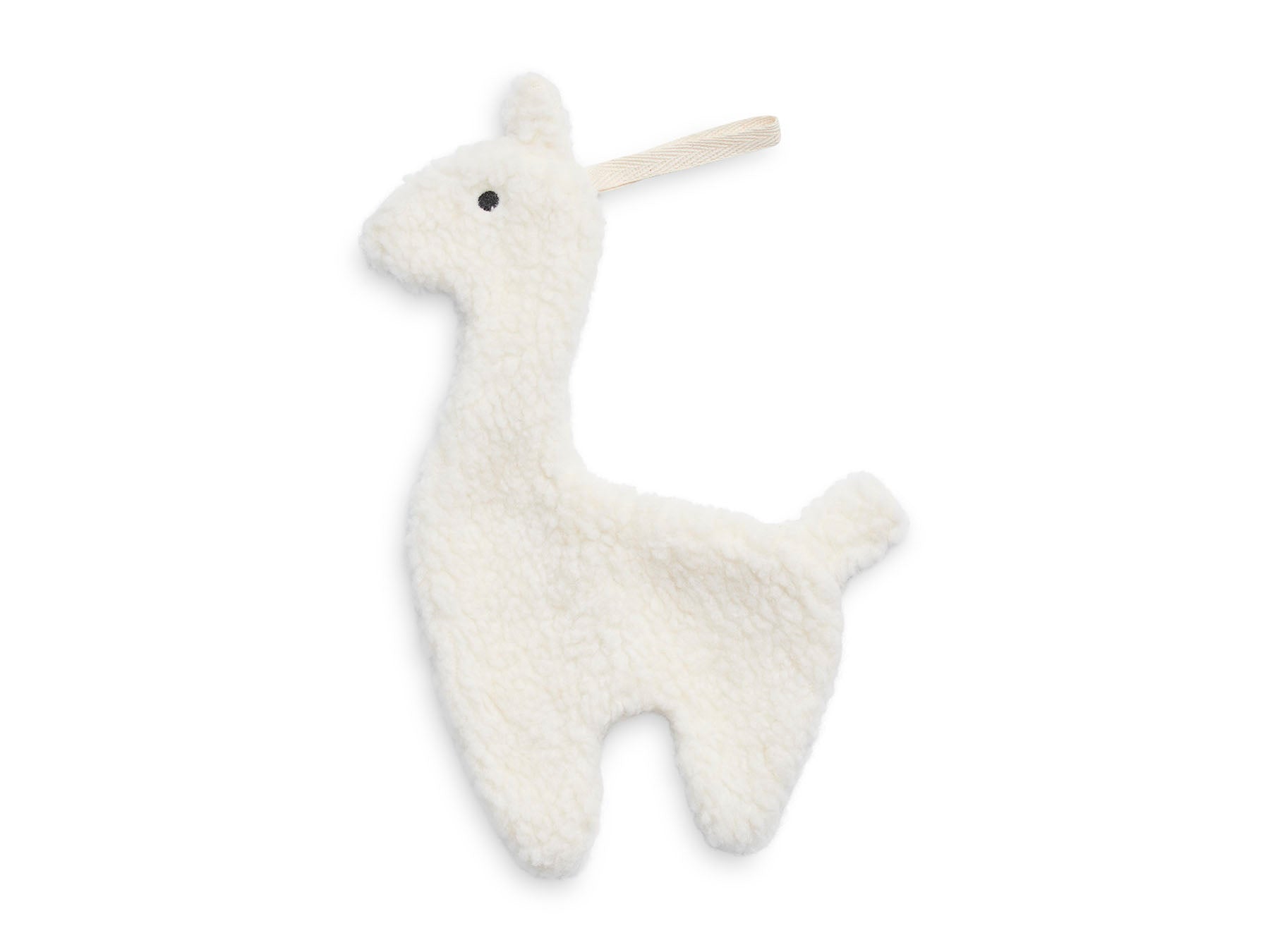 llama-shaped pacifier cloth made of soft teddy fabric with a loop for attaching to a pacifier
