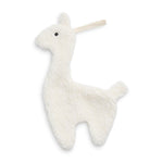 llama-shaped pacifier cloth made of soft teddy fabric with a loop for attaching to a pacifier