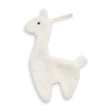 llama-shaped pacifier cloth made of soft teddy fabric with a loop for attaching to a pacifier