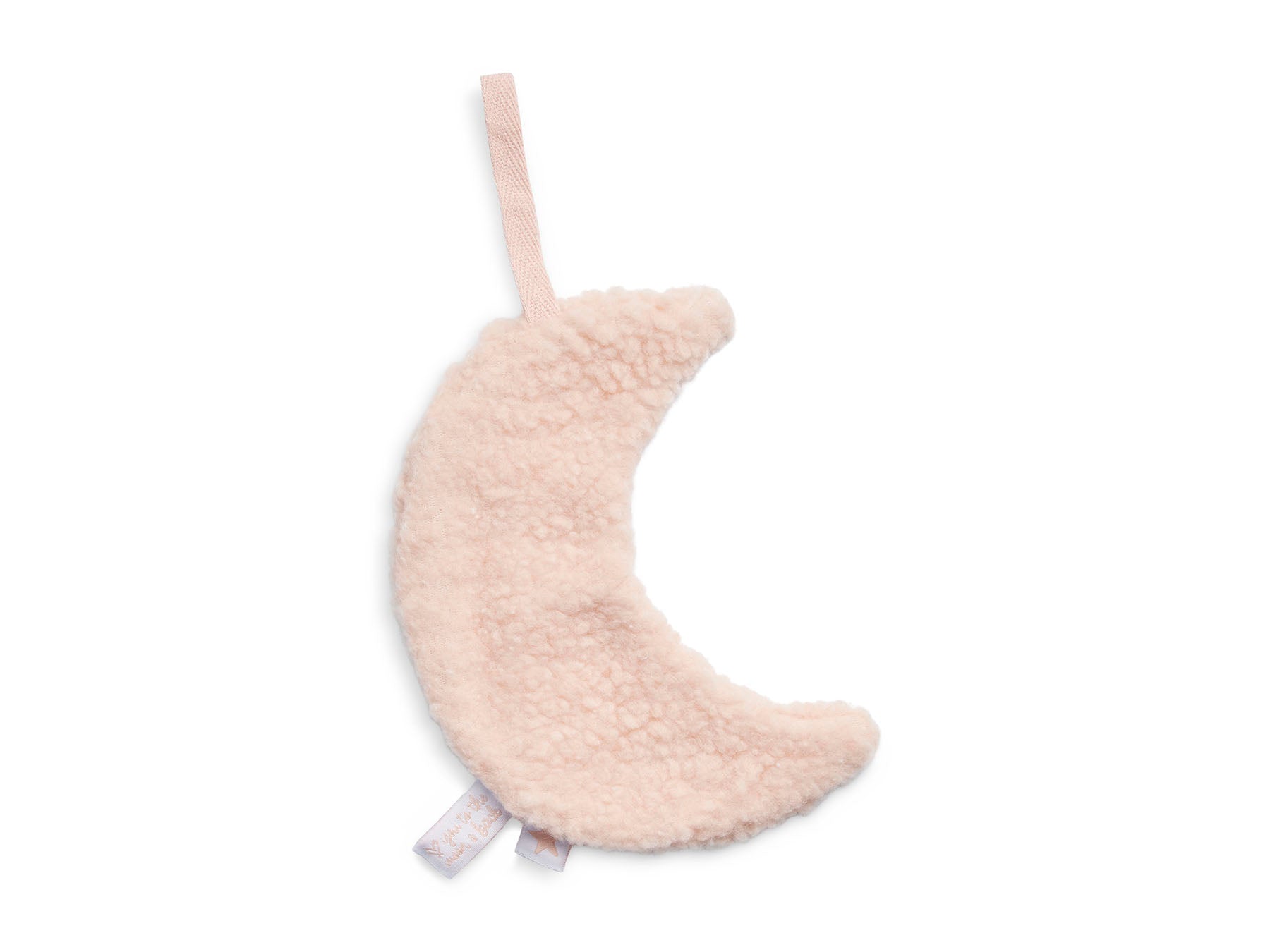 pale pink llama-shaped pacifier cloth made of soft teddy fabric with a loop for attaching to a pacifier