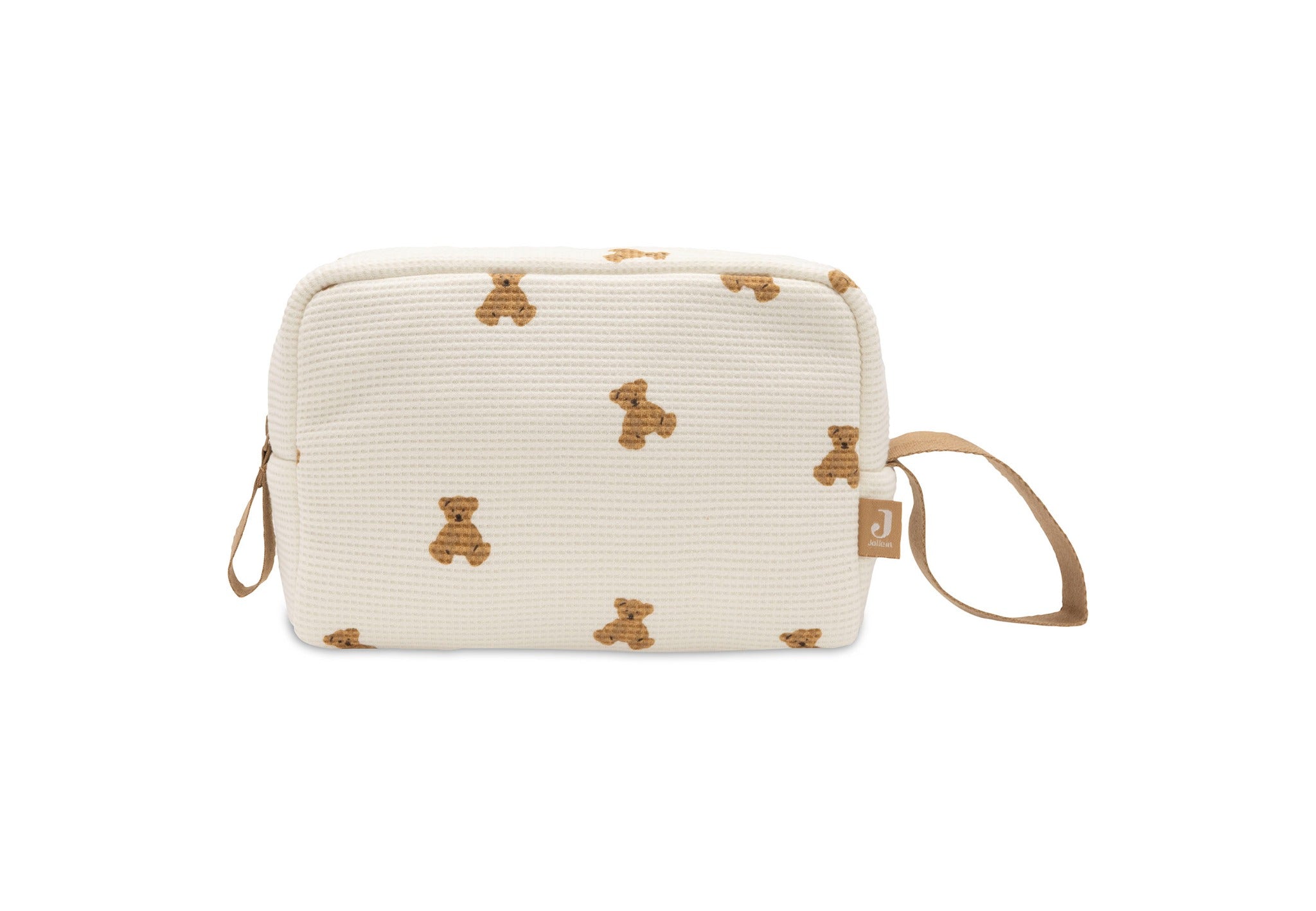 Jollein Little Waffle pouch in Mini Teddy Bear, front view with side handle