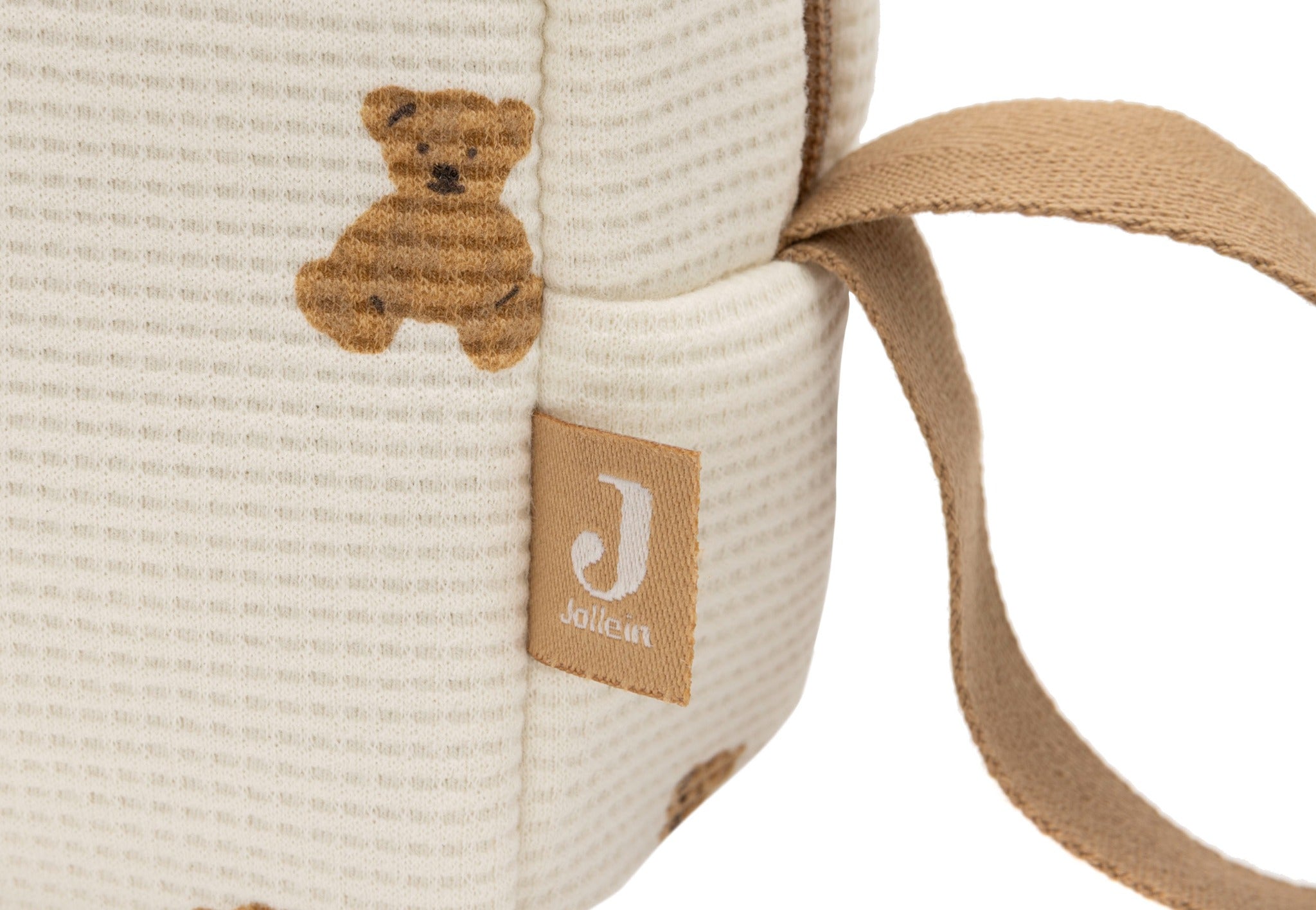 Jollein Little Waffle pouch in Mini Teddy Bear, close-up of waffle texture, bear print and handle