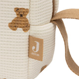 Jollein Little Waffle pouch in Mini Teddy Bear, close-up of waffle texture, bear print and handle