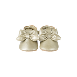 Donsje Celie baby shoes in Champagne Metallic Leather with bow details, front view