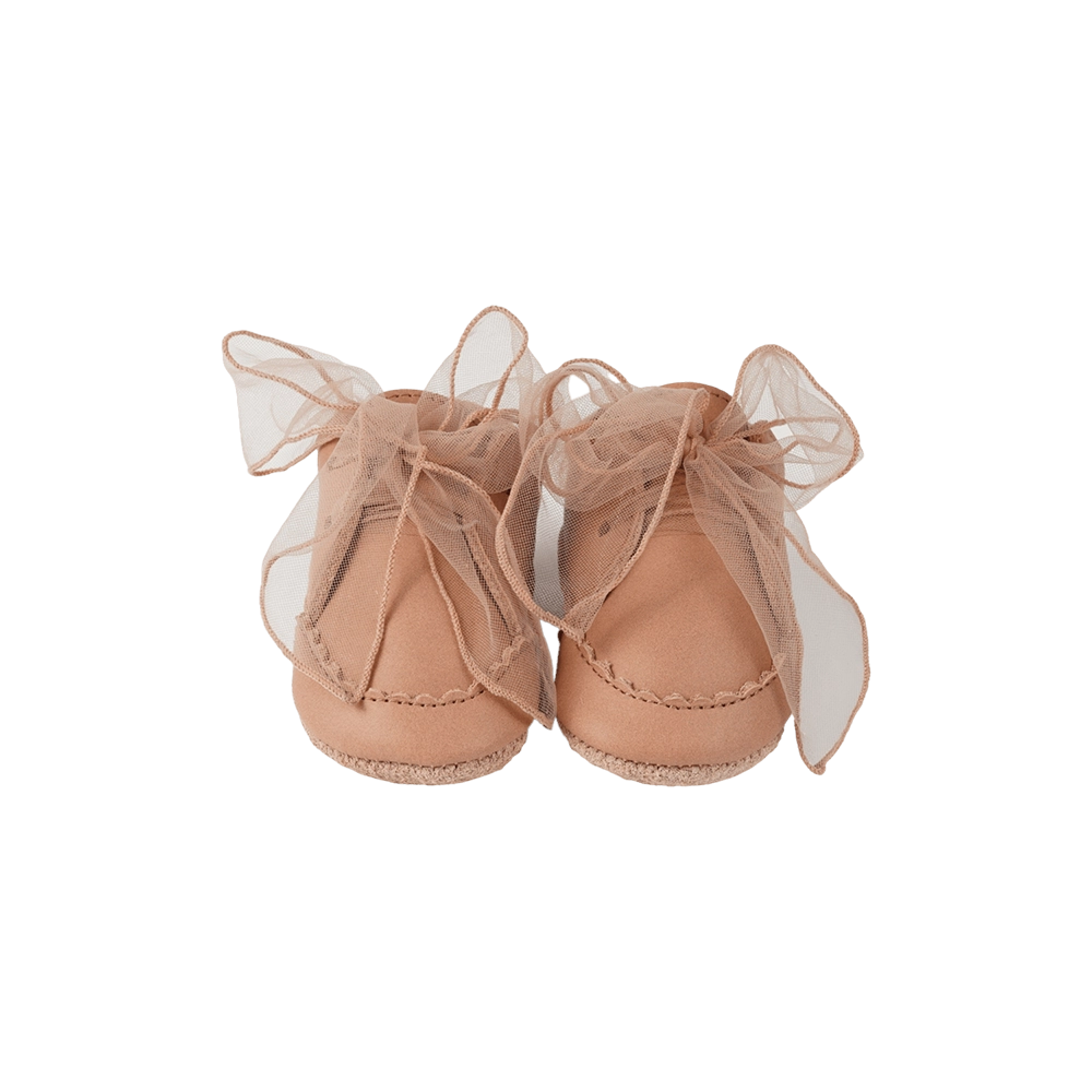 Donsje Lonny baby sneakers in Rose Dawn Classic Leather, with chiffon bows, front view
