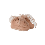 Donsje Lonny baby sneakers in Rose Dawn Classic Leather, with chiffon bows, angled front view