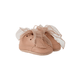 Donsje Lonny baby sneakers in Rose Dawn Classic Leather, with chiffon bows, angled front view