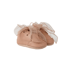 Donsje Lonny baby sneakers in Rose Dawn Classic Leather, with chiffon bows, angled front view