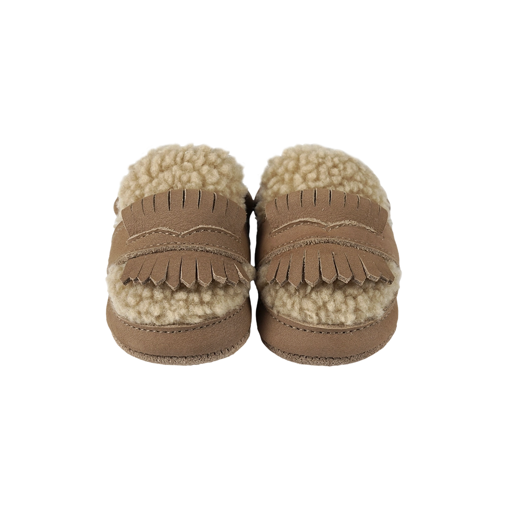 Donsje Nolin baby loafers in Truffle Nubuck, with fringe details, front view