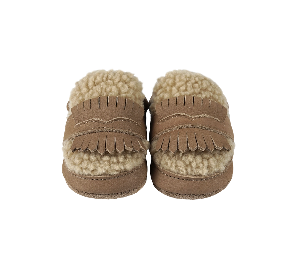 Donsje Nolin baby loafers in Truffle Nubuck, with fringe details, front view