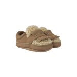 Donsje Nolin baby loafers in Truffle Nubuck, with fringe details, angled front view