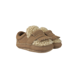 Donsje Nolin baby loafers in Truffle Nubuck, with fringe details, angled front view