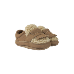 Donsje Nolin baby loafers in Truffle Nubuck, with fringe details, angled front view
