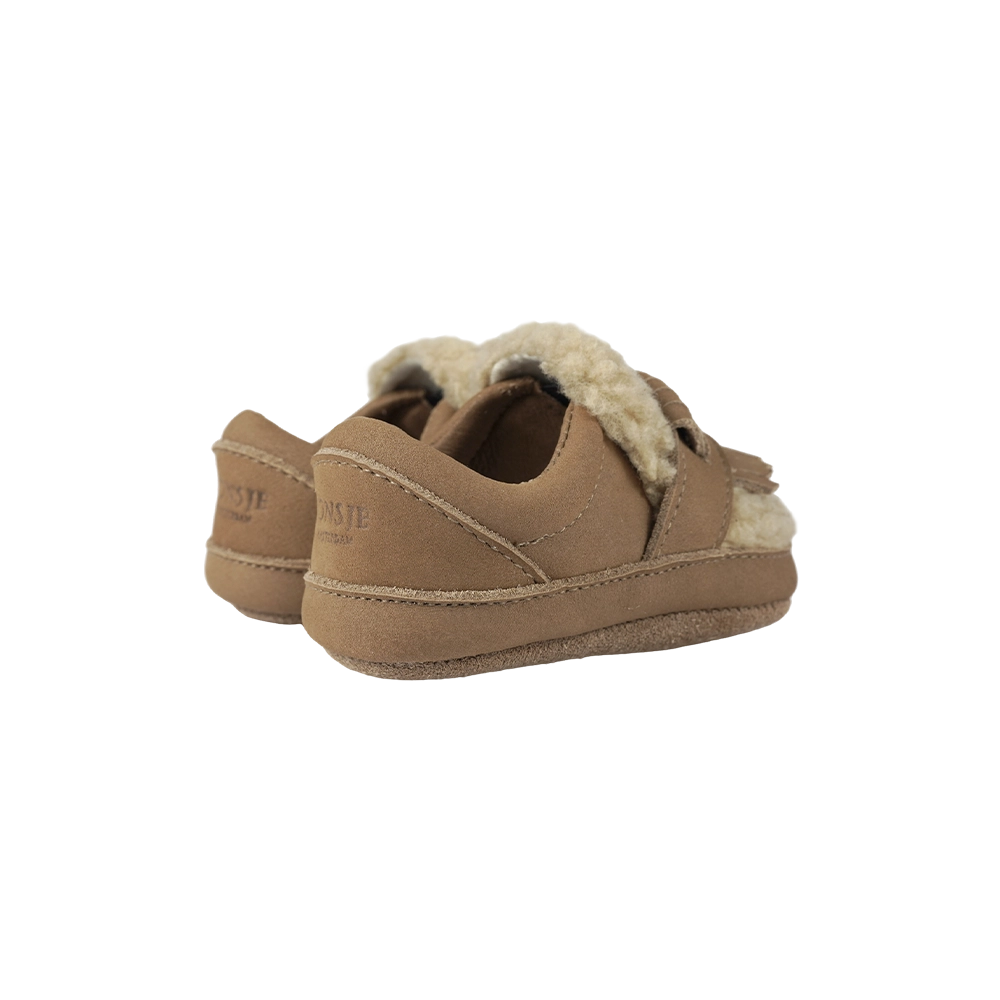 Donsje Nolin baby loafers in Truffle Nubuck, rear view