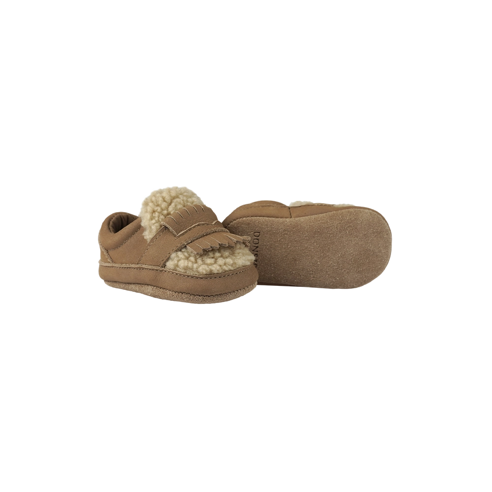 Donsje Nolin baby loafers in Truffle Nubuck, side view showing the sole