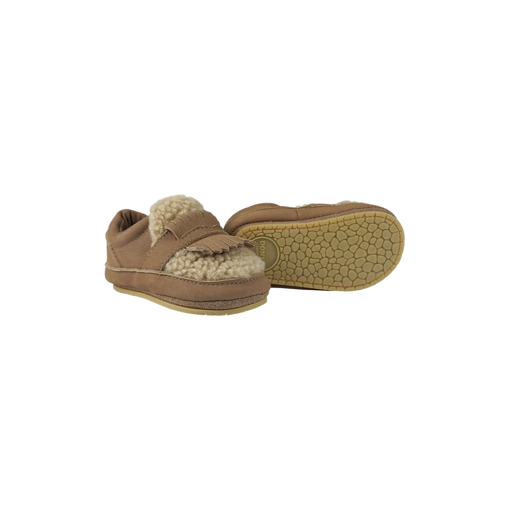 Donsje Nolin baby loafers in Truffle Nubuck, side view showing the textured sole