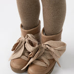 Donsje Ganza kids boots in Hazelnut Leather, worn with brown tights