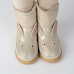 Donsje Xelly Bunny kids boots in Silver Metallic Leather, worn with cream tights, close-up