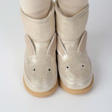 Donsje Xelly Bunny kids boots in Silver Metallic Leather, worn with cream tights, close-up