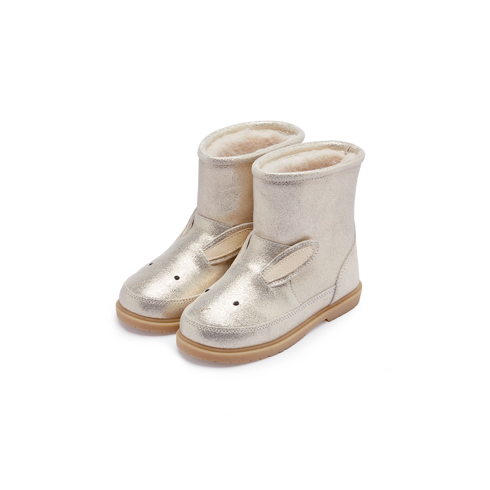 Donsje Xelly Bunny kids boots in Silver Metallic Leather, angled front view