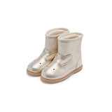 Donsje Xelly Bunny kids boots in Silver Metallic Leather, angled front view