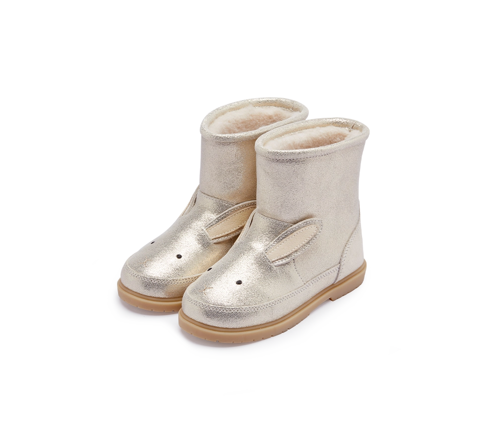 Donsje Xelly Bunny kids boots in Silver Metallic Leather, angled front view