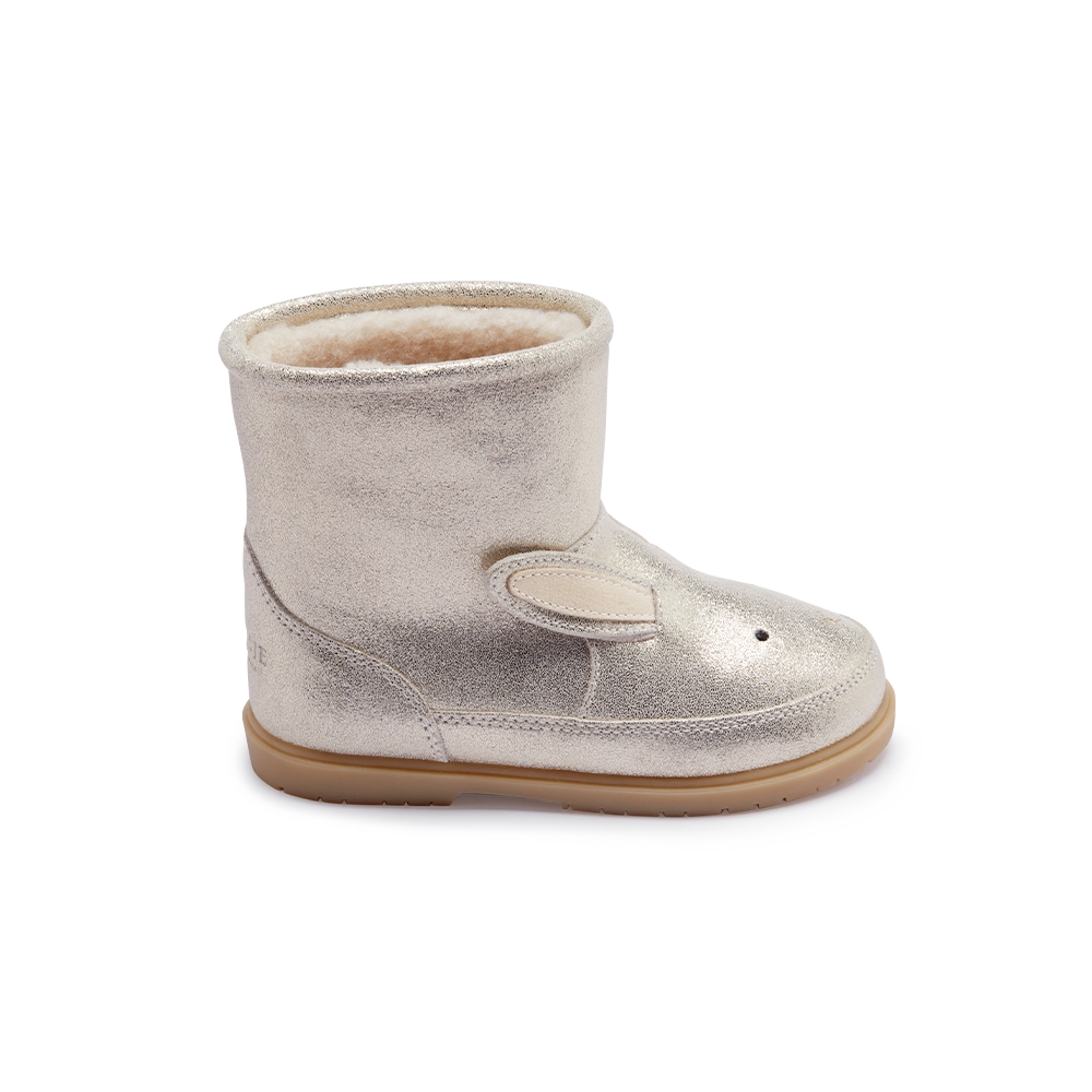 Donsje Xelly Bunny kids boots in Silver Metallic Leather, side view with bunny ear detail