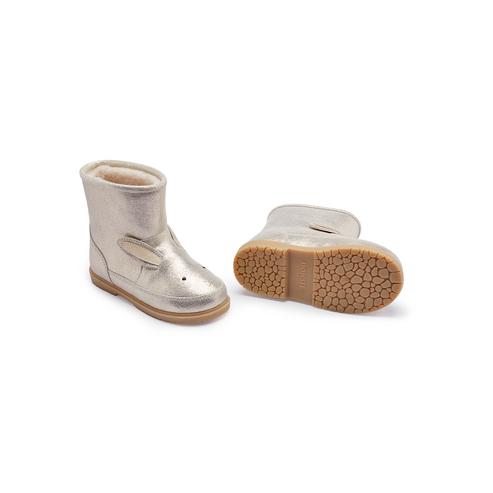Donsje Xelly Bunny kids boots in Silver Metallic Leather, side view showing the textured sole