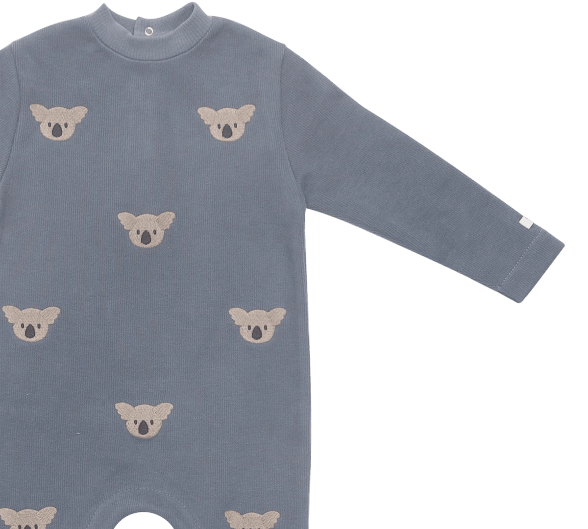 Donsje Phlyn Koalas onesie in Dark Spruce, close-up of the front and sleeve