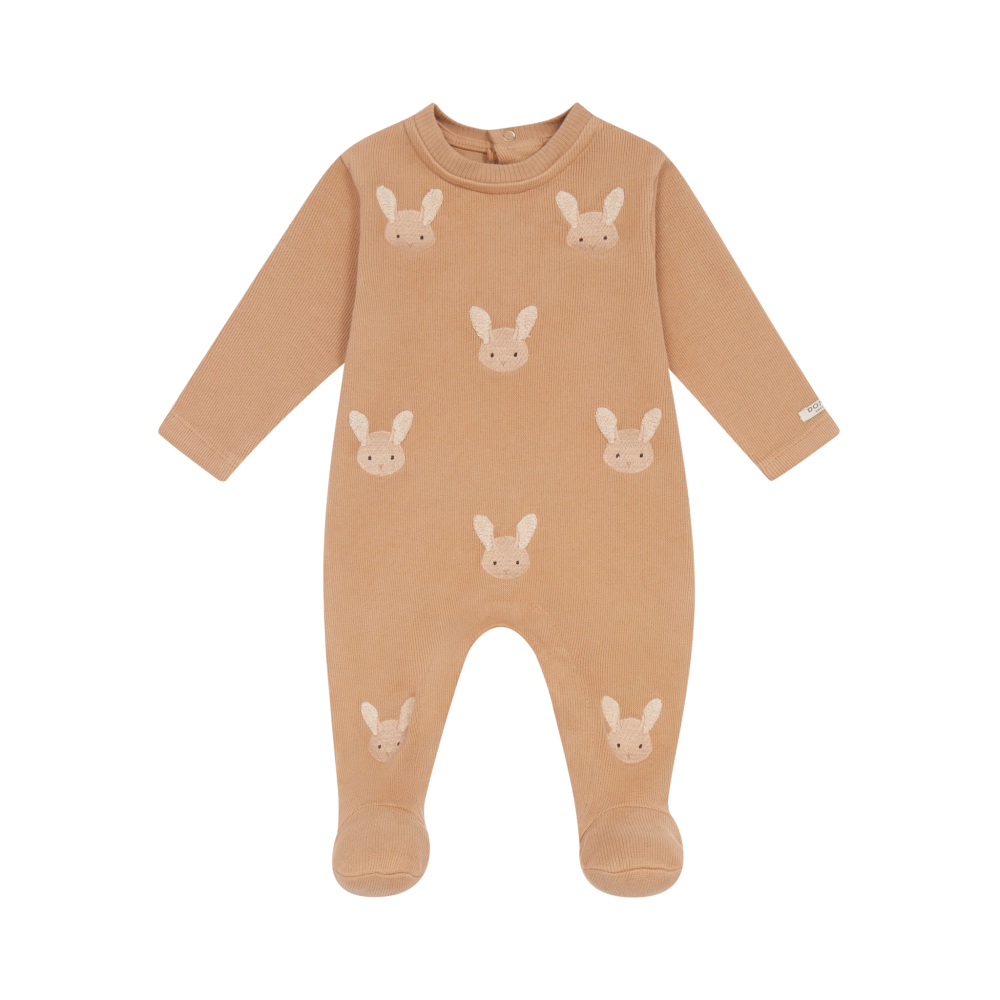 Donsje Phlyn Fluffy Bunnies onesie in Rose Mocha, front view with bunny motifs