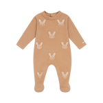 Donsje Phlyn Fluffy Bunnies onesie in Rose Mocha, front view with bunny motifs