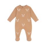 Donsje Phlyn Fluffy Bunnies onesie in Rose Mocha, front view with bunny motifs