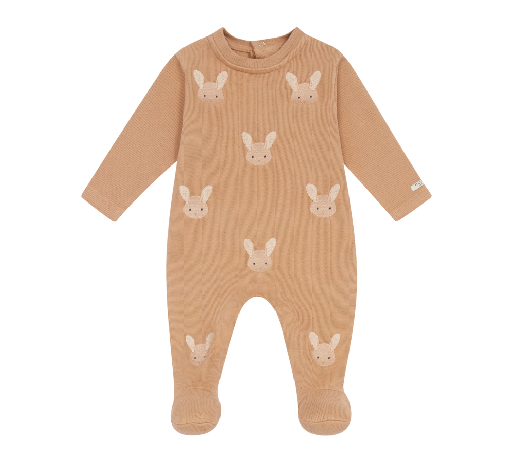 Donsje Phlyn Fluffy Bunnies onesie in Rose Mocha, front view with bunny motifs