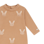 Donsje Phlyn Fluffy Bunnies onesie in Rose Mocha, close-up of the front and sleeve