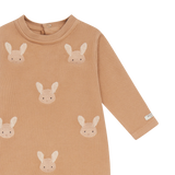 Donsje Phlyn Fluffy Bunnies onesie in Rose Mocha, close-up of the front and sleeve