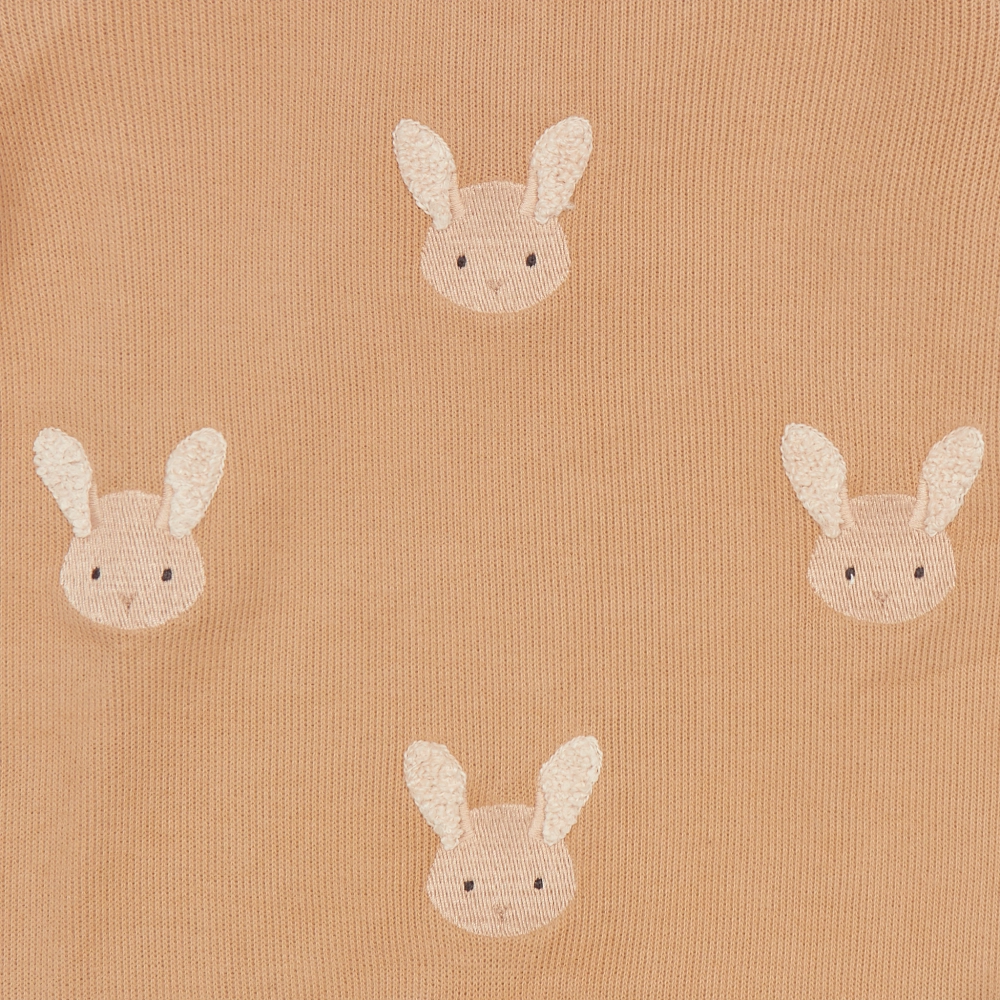 Donsje Phlyn Fluffy Bunnies onesie in Rose Mocha, close-up of embroidered bunny motifs