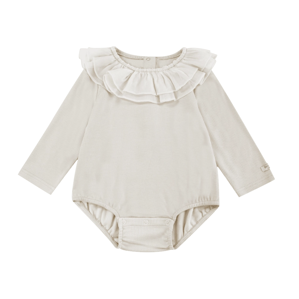 Donsje Fabien bodysuit in Birch, front view with a ruffled collar
