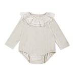 Donsje Fabien bodysuit in Birch, front view with a ruffled collar