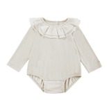 Donsje Fabien bodysuit in Birch, front view with a ruffled collar