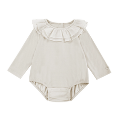 Donsje Fabien bodysuit in Birch, front view with a ruffled collar
